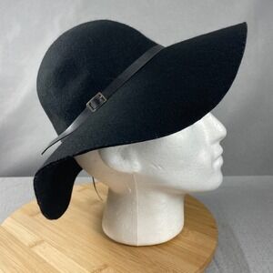 Black Wool Wide Brim Fedora Hat with Leather Band Buckle One Size